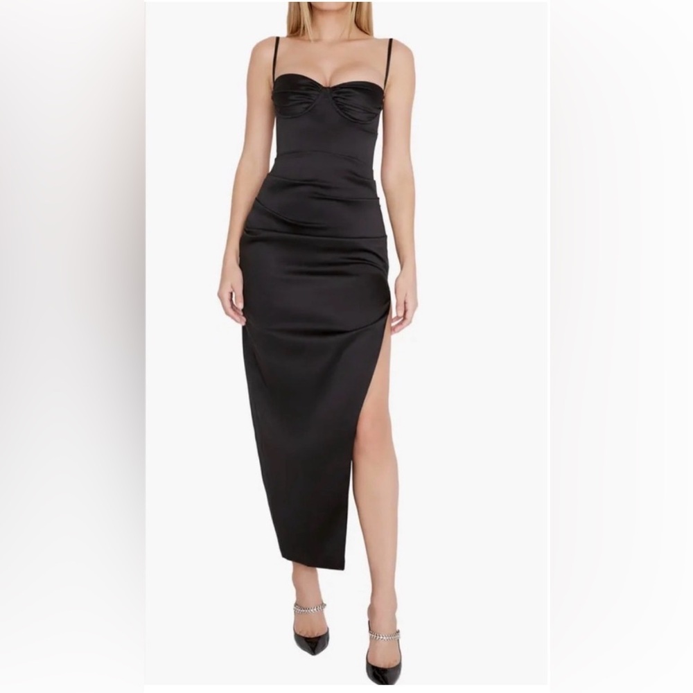 House of CB Black Satin Asymmetric Midi Dress with Side Slit
